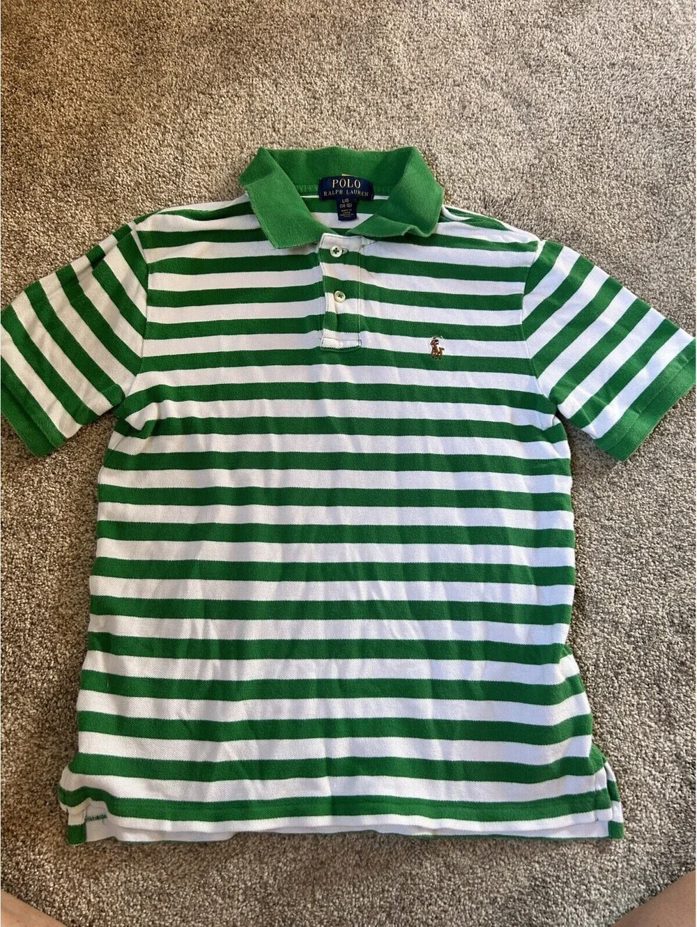 Polo Ralph Lauren Boys 100% Cotton Shirt Sz. L (14-16) Green White Striped Pony